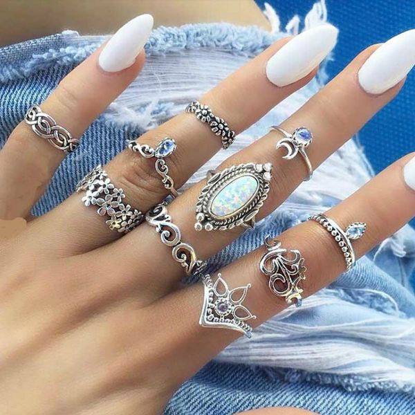 ancient silver opal ring set retro flower moon crown ring joint knuckle ring combination set women fashion jewelry will and sandy gift, Golden;silver
